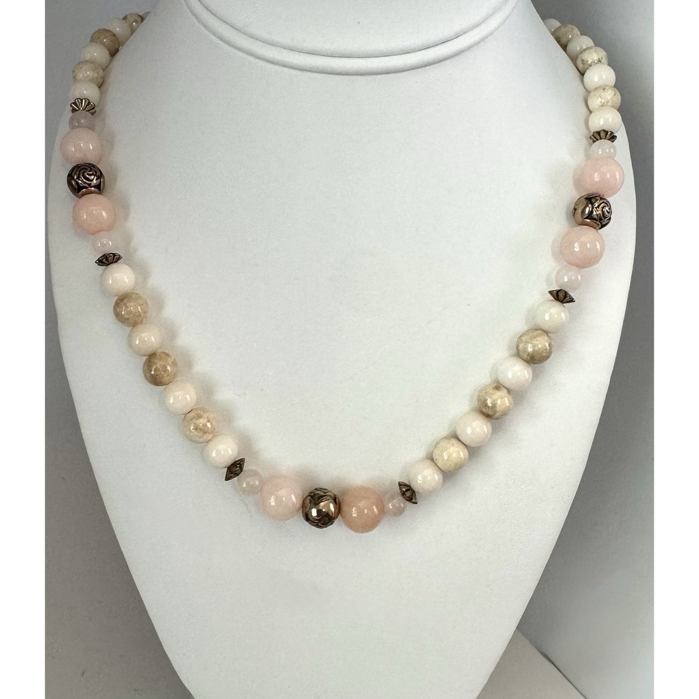 Beaded Necklace Pink Rose Quartz Cream Stone Gold Tone 26" Vintage